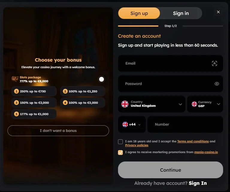 Mania Casino registration form with bonus selection country currency email and phone number