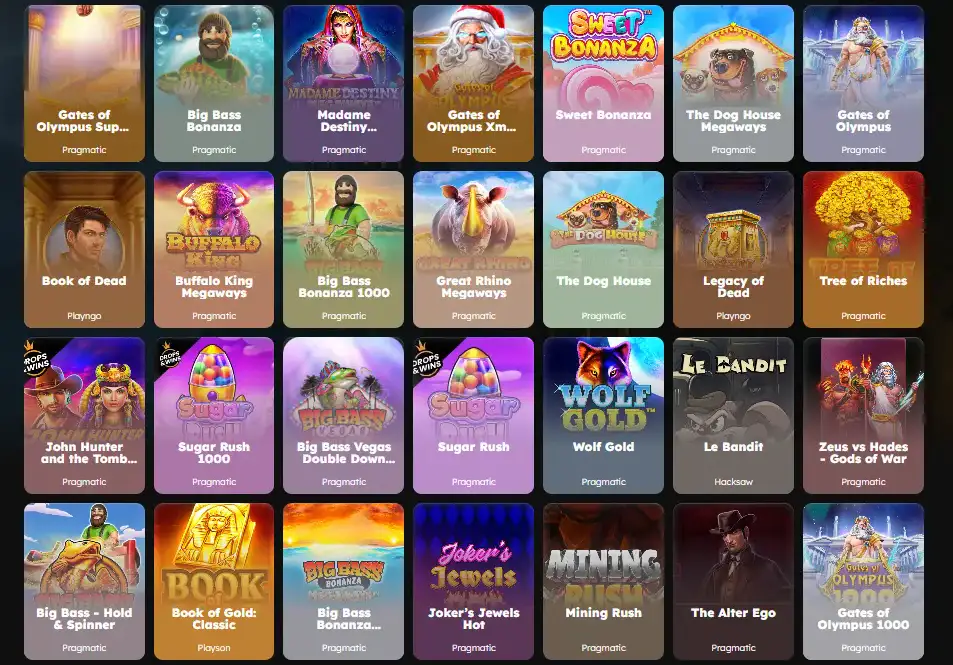 Mania Casino slots lobby with Pragmatic Play Play'n GO Hacksaw Gaming and Playson games
